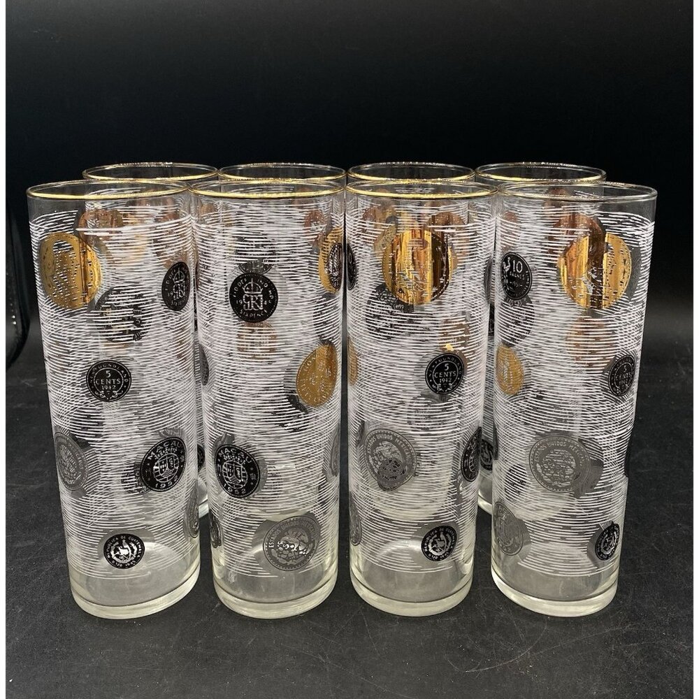 MCM Libbey 22k Gold Trim Coin Tom Collins 7” Highball Bar Glasses Set Of 8